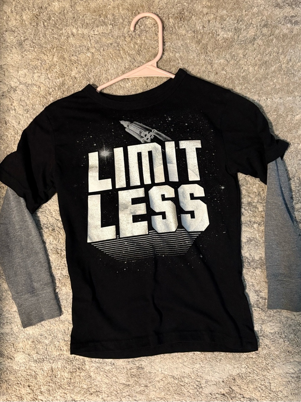 3/$20! Boys small 5/6 Black and gray space limitless rocket-ship shirt